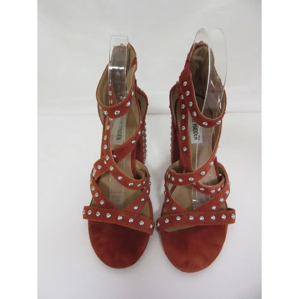 STEVE MADDEN Fara Rust Brick 7M Strappy Studded Block Heel Open Toe Sandals